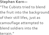 Stephen Kern—
“The Cubists tried to blend the fruit into the background of their still lifes, just as camouflage attempted to blend soldiers into the terrain.”